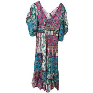 ME 2 MAGIC Woman L Maxi Dress Patchwork Tassel Metallic Boho Bohemian Peasant